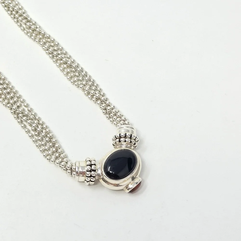 ESPO Sterling Silver 5 Strand Oval Black Onyx Amber Accent Snap Necklace 18